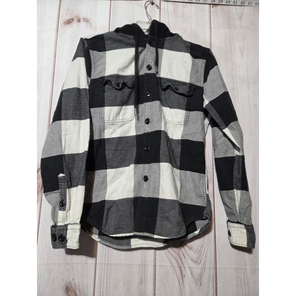 Express Mens XS Hooded Flannel Shirt Black White Buffalo Plaid Button Down Hoody
